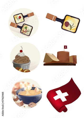 Raclette, fondue, swiss cheese, chestnuts isolated on transparent background. Swiss cheese PNG illustration. food pictures