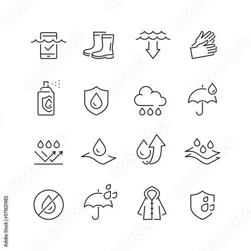 Waterproof related icons: thin vector icon set, black and white kit