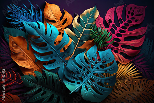 Colorful tropical leaves creative background, Generative AI