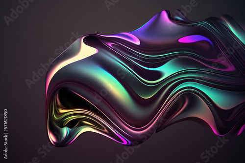 Fototapeta Naklejka Na Ścianę i Meble -  Abstract fluid 3d render holographic iridescent neon curved wave in motion dark background. generative AI digital illustration.
