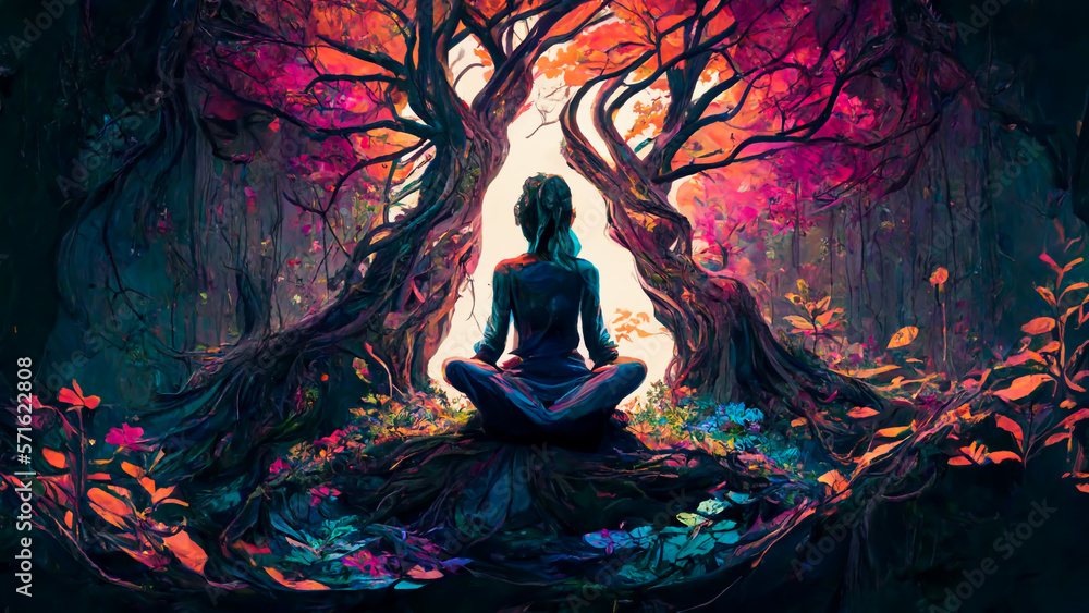 Finding Peace in Nature, Woman Meditates under the Trees. Generative AI