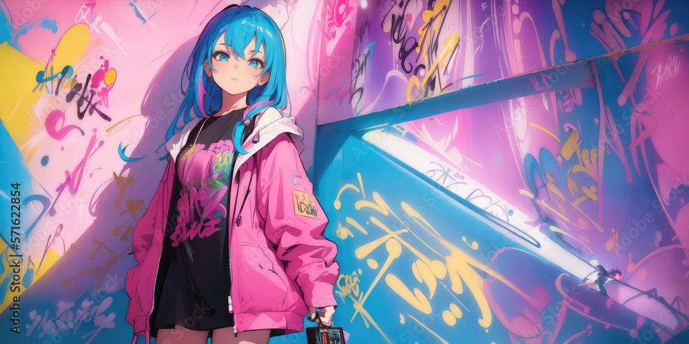 Obraz premium Beautiful anime girl, graffiti Artist. Generative AI
