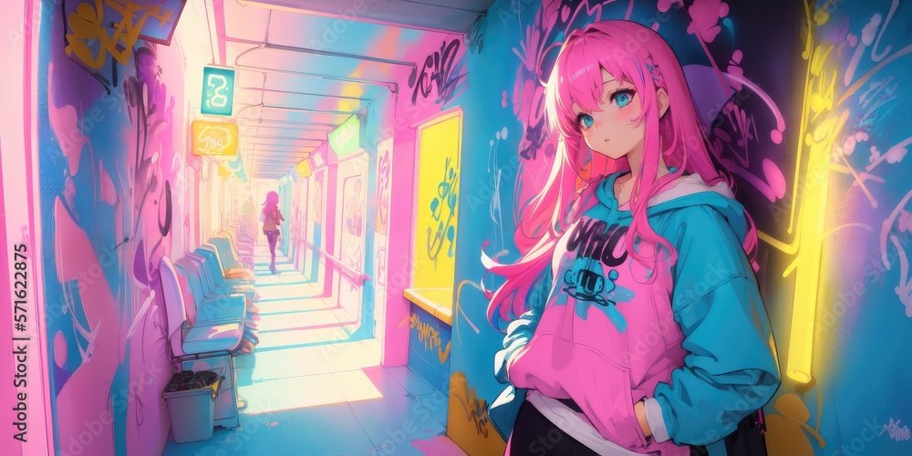 Obraz premium Beautiful anime girl, graffiti Artist. Generative AI