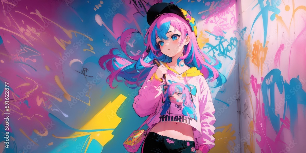Obraz premium Beautiful anime girl, graffiti Artist. Generative AI