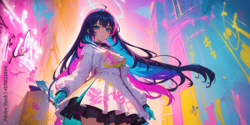 Naklejka premium Beautiful anime girl, graffiti Artist. Generative AI