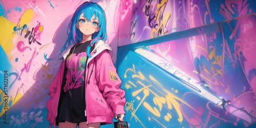 Beautiful anime girl, graffiti Artist. Generative AI