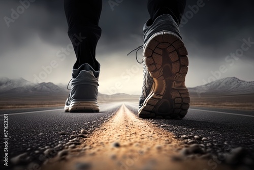 An athlete running on the road at the mountain. Close up of his feet. Concept: Trail running sport action and human challenge outdoors with fresh air. Generative ai