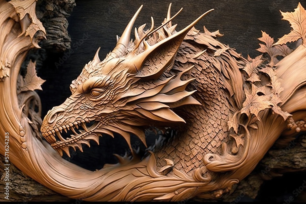 Dragon in wood carving art illustrations generative ai Stock ...