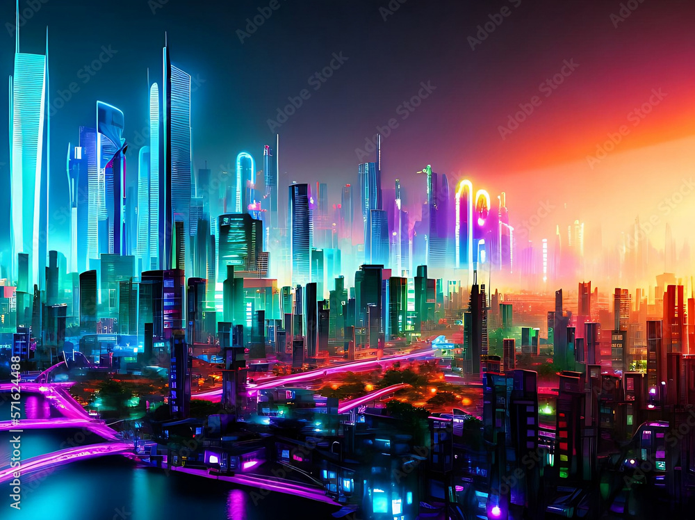 vivid color futuristic future city night mist skyscrapers Old and New architecture wallpaper