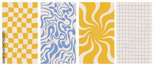 Groovy hippie 70s vector backgrounds set. Chessboard and twisted patterns. Backgrounds in trendy retro trippy style.Twisted and distorted vector texture in trendy retro psychedelic style