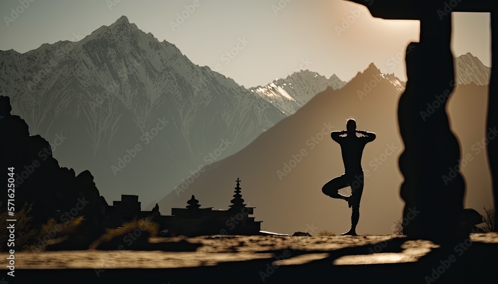 A view of a person practicing yoga on mountains at sunset.  Generative AI