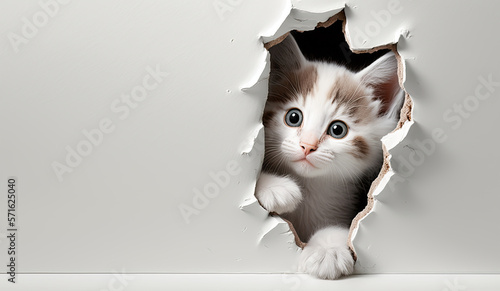 Surprised cute little cat looking through a hole in a white wall. Ai generative 