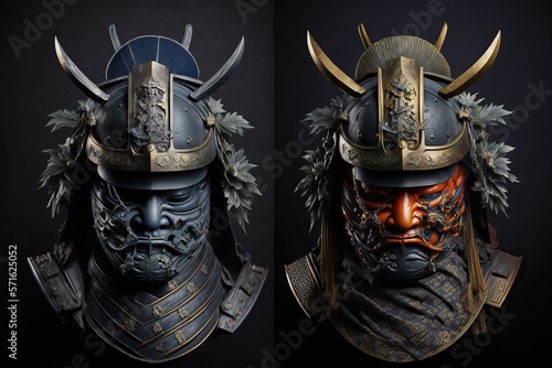 samurai Japanese masks of samurais isolated on the dark background,Generative ai