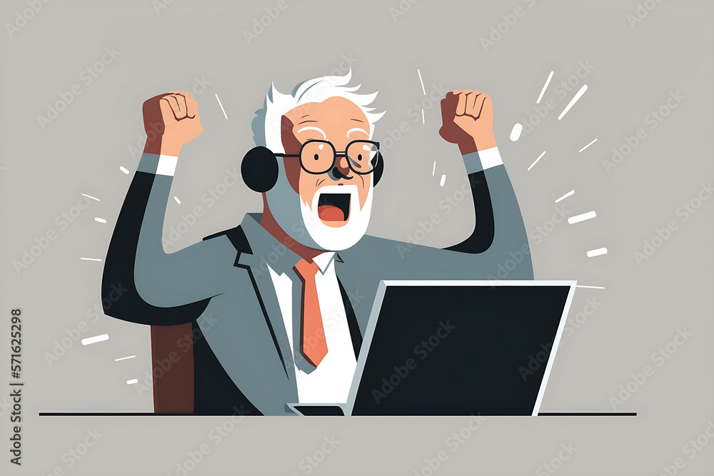 Flat vector illustration Happy senior businessman with laptop and headphones raising fists up celebrating good work won online. Excited senior professional businessman looking at computer ecstatic... Flat vector illustration Happy senior businessman with laptop and headphones raising fists up celebrating good work won online. Excited senior professional businessman looking at computer ecstatic...
