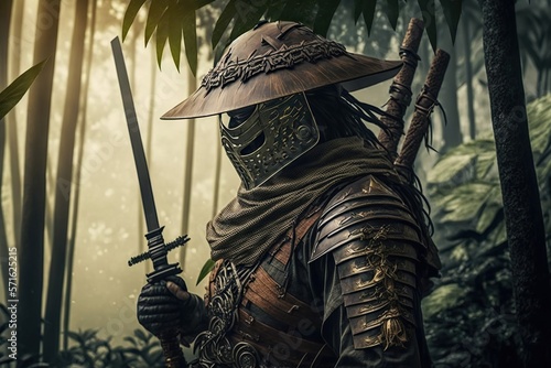 samurai fighter in Japanese armor and a Hidden face , holding a sword,jungle in the background ,Generative ai