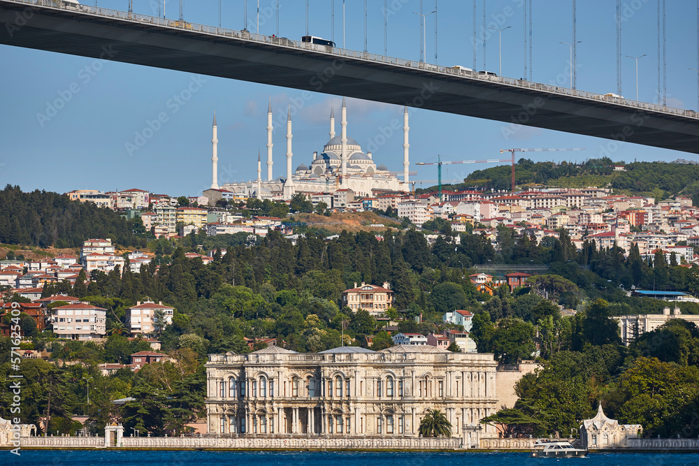 Beylerbeyi Palace, Camlica mosque and Bosphorus strait. Istanbul, Turkey