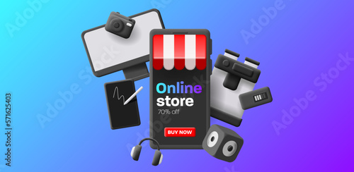 Online shopping banner with render 3d phone and smart gadgets around it, internet of things