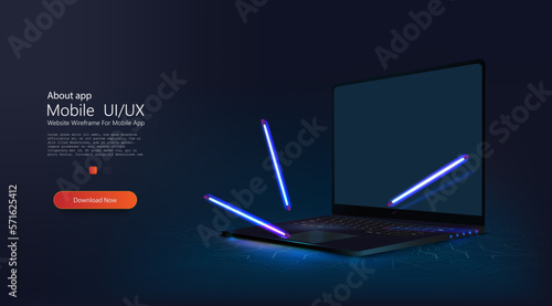 A portable neon computer with a blank screen and a desk in a dark room with blue lighting. Technological background with a laptop. Vector illustration