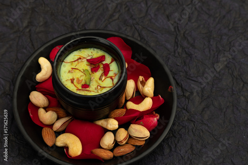 Pista Badam Thandai Prepared With Fennel Seeds, Dry Fruits, Cardamom, Bhang, Badam, Kaju, Pista, Saffron, Kesar, Spices, Beverages Is Enjoyed On Holi, Mahashivratri, Holla mahalla, Diwali Festival