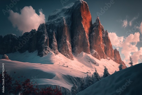 Illustration of epic snowy ultra wide landscape with steep high red mountains, at golden hour. Created by generative AI