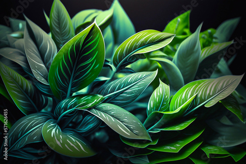 Green leaf on black background. Generative AI