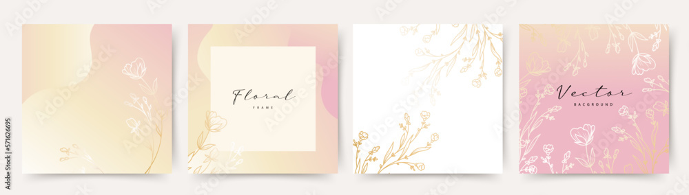 Luxury pink abstract backgrounds with gold hand drawn flowers in line style. Vector design templates for postcard, poster, business card, flyer, social media post, banner, wedding invitation