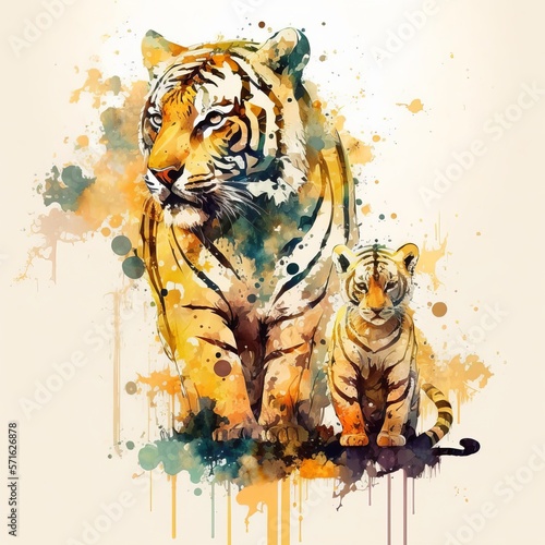 drawing tiger with cub light background paint watercolor Generative AI © Dzmitry