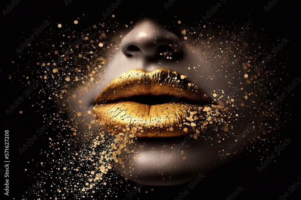 détail sur des lèvres de femmes recouverte d'or - fond noir - illustration ia - obrazy, fototapety, plakaty 