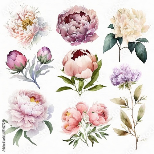 Fototapeta Naklejka Na Ścianę i Meble -  drawing of flowers on a white background peonies watercolor several pieces Generative AI