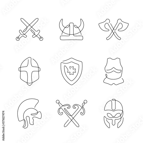 Medieval armour artistic style continuous line icons. Editable stroke.