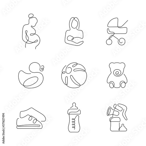 Maternity and baby goods artistic style continuous line icons. Editable stroke.