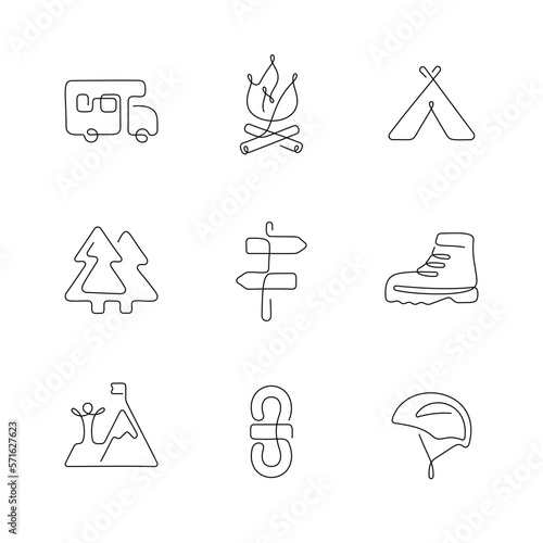 Camping and hiking artistic style continuous line icons. Editable stroke.