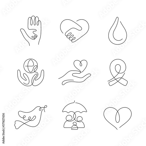 Charity artistic style continuous line icons. Editable stroke.