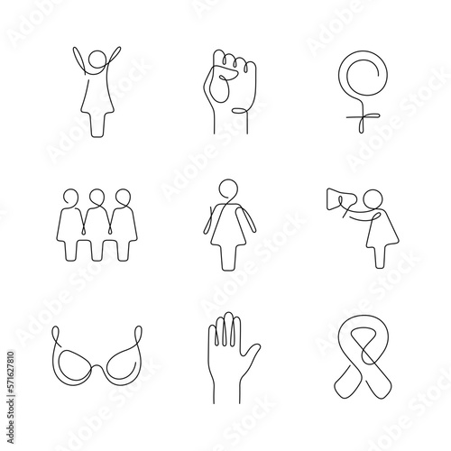 Feminism artistic style continuous line icons. Editable stroke.
