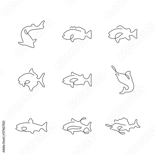Fish species artistic style continuous line icons. Editable stroke.