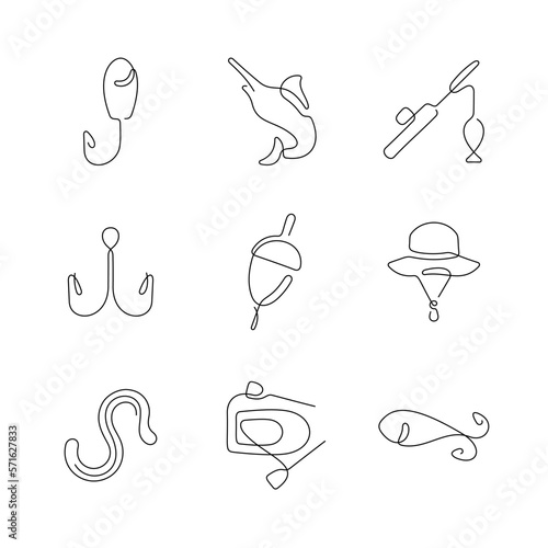 Fishing artistic style continuous line icons. Editable stroke.