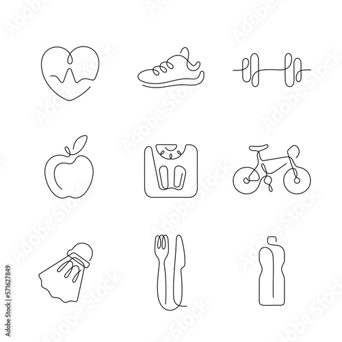 Fitness and healthy lifestyle artistic continuous line icons. Editable stroke.