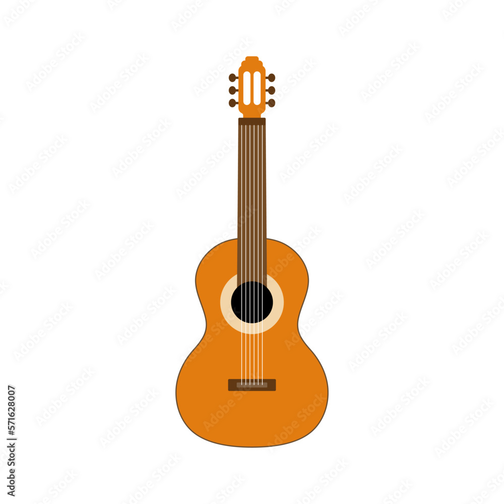 Naklejka premium Isolated Spanish classical guitar. Wooden string instrument. Vector illustration, flat design
