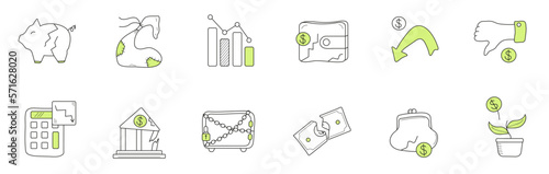 Financial crisis icon set in line style. Piggy bank, cut money plant. Broken wallet icon for logo, web, app, UI.