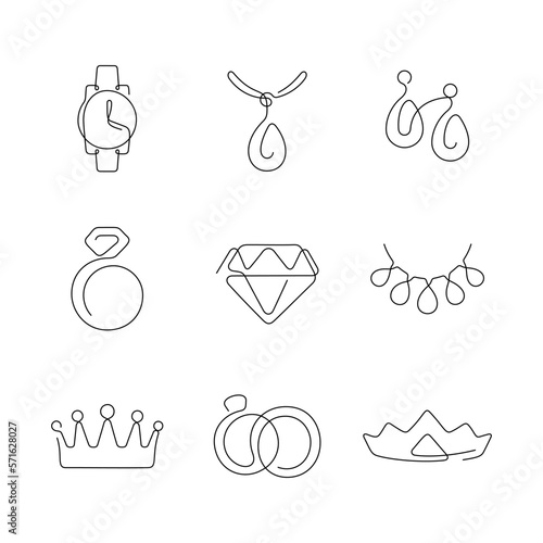 Jewellery artistic style continuous line icons. Editable stroke.