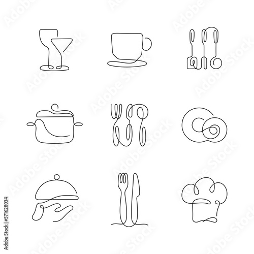 Restaurant, kitchen utensils artistic style continuous line icons. Editable stroke.