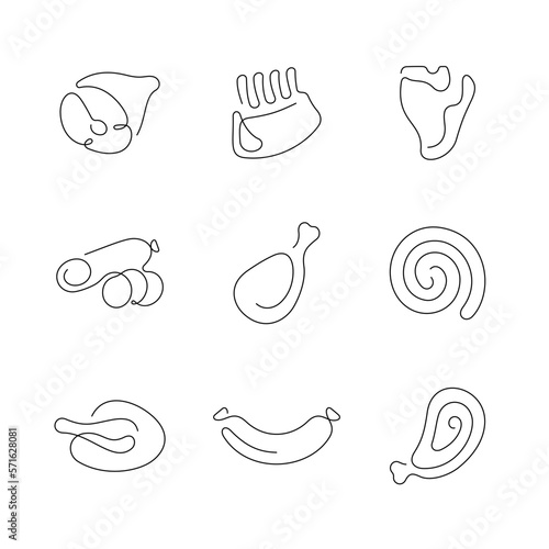 Meat products artistic style continuous line icons. Editable stroke.