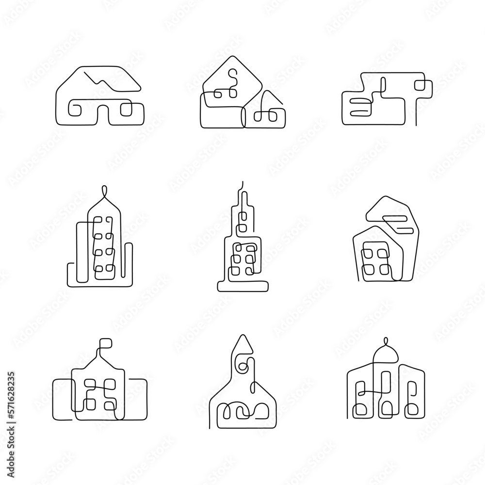 Architecture artistic style continuous line icons. Editable stroke.