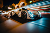 Illustration of a futuristic racing supercar in the city with long exposure creating light trails. Concept of sports car racing video game..Generative AI