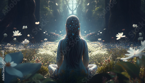 Meditation and Nature, A Woman Finds Peace in the Forest. Generative AI