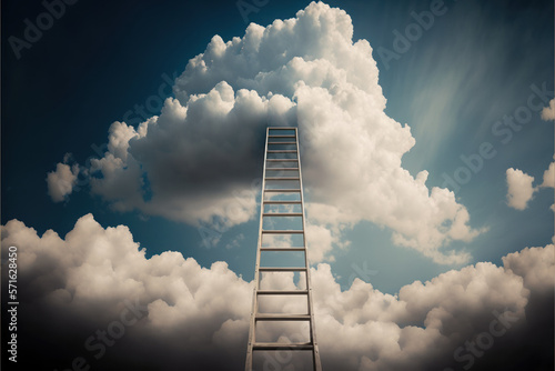 Stairway to heaven. Success, business rise concept. Ladder going up to sky cloud. Generative AI