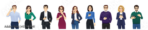 Business people using mobile phones. Office workers characters set vector illustration isolated