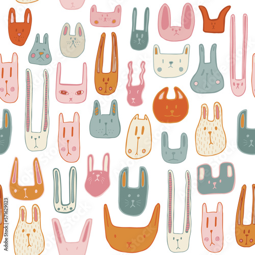 Color cute muzzles of cats, mice, rabbits. Seamless pattern with little animals. Cute baby pattern with fluffies. Vector illustration.