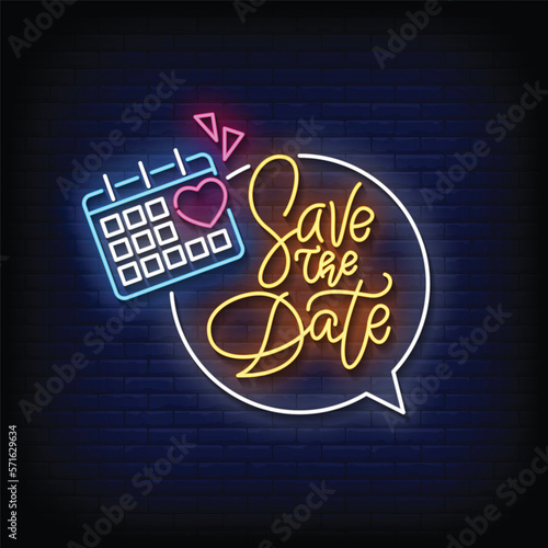 Neon Sign save the date with brick wall background vector