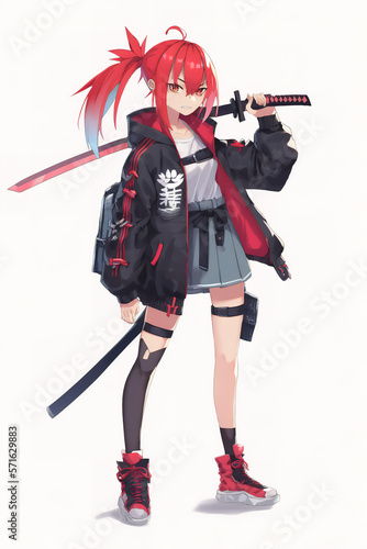 Full-length portrait of a beautiful samurai girl in a black jacket with red hair and a katana sword in anime style